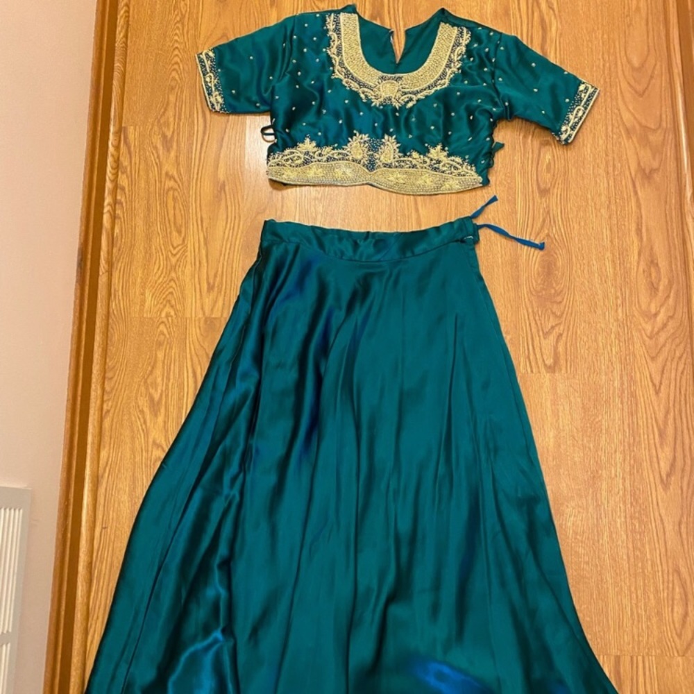Emerald green and gold beaded and embroidered Indian lengha lehenga